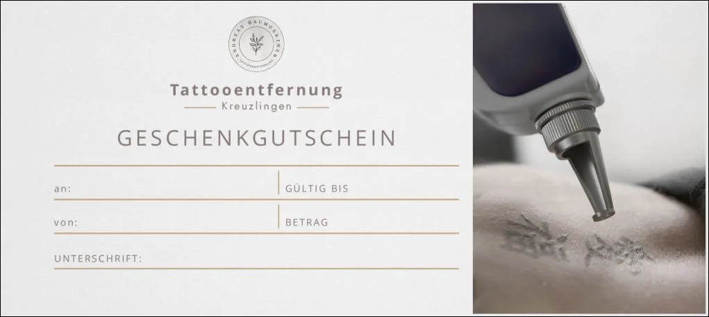 Vorderseite des Gutscheins für eine Tattooentfernung in Winterthur